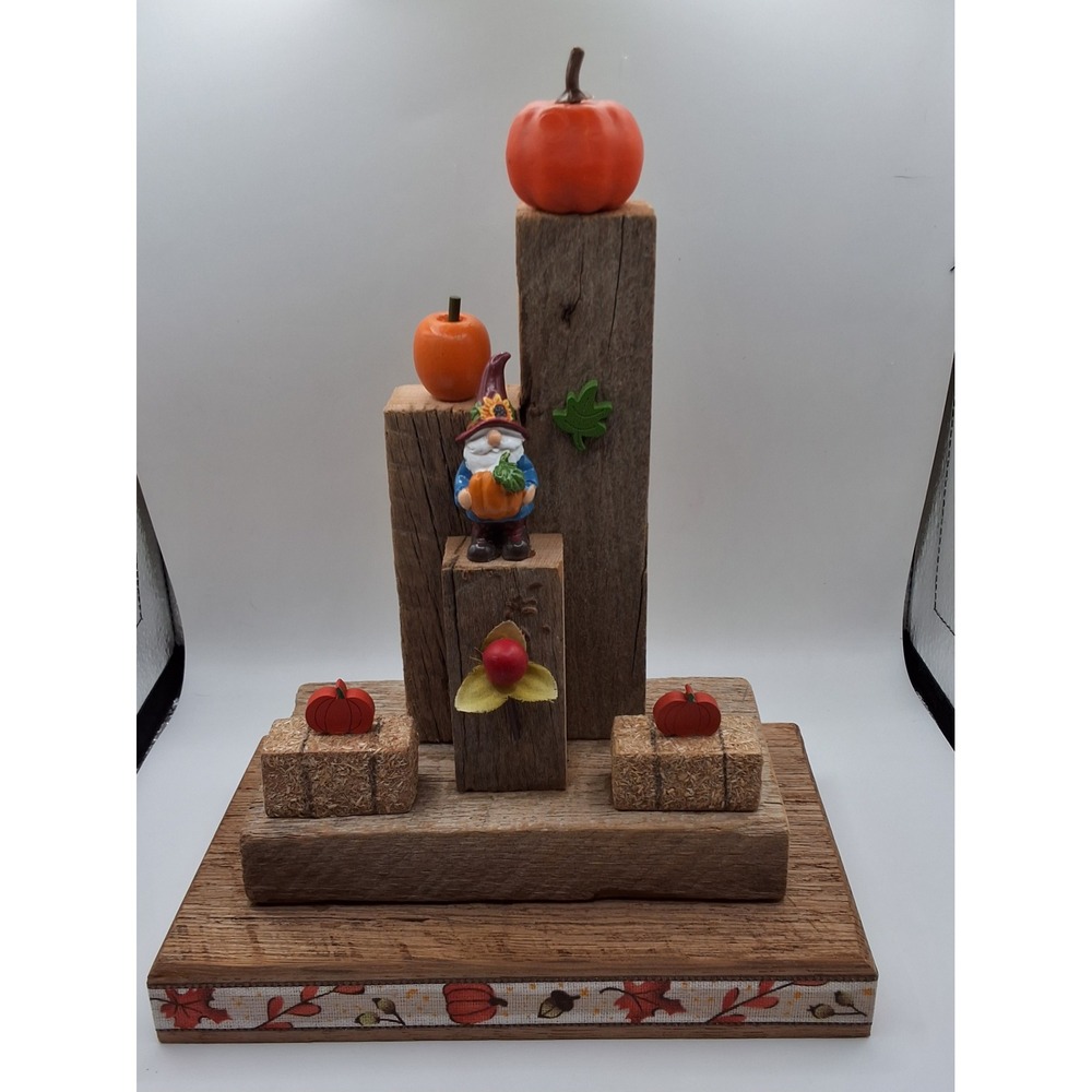 Rustic Fall Gnome Reclaimed Wood Tiered Centerpiece Autumn Pumpkin Decor 10.5in
